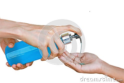 Asian women using hands Press the pump on the hand sanitizer bottle Stock Photo