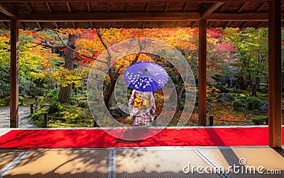 Asian women wearing Japanese kimonos in autumn visit EnKoji Temple, Kyoto, Japan Stock Photo
