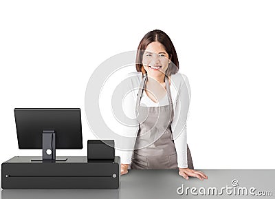 Asian worker with cashier desk Stock Photo