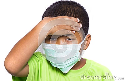 Asian young boy wearing disposable face mask Stock Photo