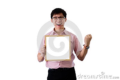 Asian young businessman has standing and holding the blank white screen board with happy on isolated on wihte background Stock Photo