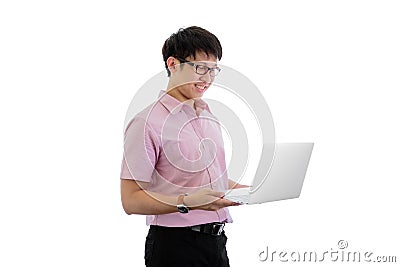 Asian young businessman has standing and laptop holding for working with happy on isolated on wihte background Stock Photo