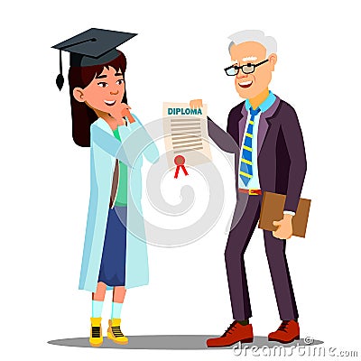 Asian Young Girl Student Doctor Receiving A Diploma Vector. Isolated Cartoon Illustration Vector Illustration