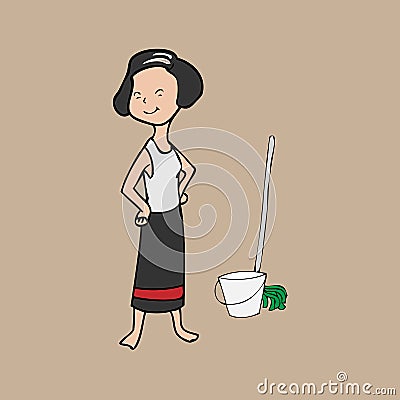 Asian young house keeping Vector Illustration