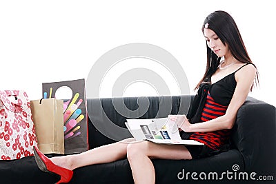 Asian young lady reading Stock Photo