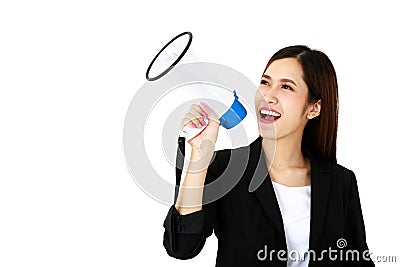 Asian young long brown hair pretty successful secretary businesswoman wears black formal suit hold white and blue megaphone in Stock Photo