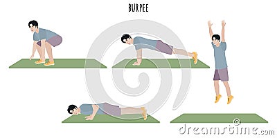 Asian young man doing burpee exercise Vector Illustration