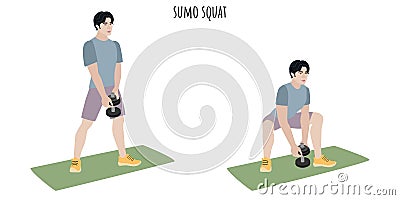 Asian young man doing sumo squat exercise Vector Illustration