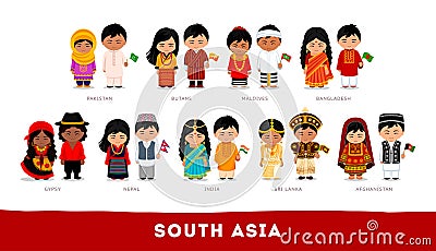 Asians in national clothes. South Asia. Set of cartoon character Vector Illustration
