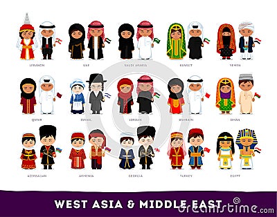 Asians in national clothes. West Asia and Middle East. Vector Illustration