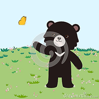 asiatic black bear, asian black bear or moon bear, cute cartoon character Vector Illustration