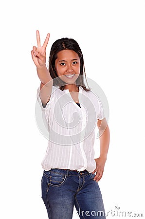 Asiatic woman smiling and showing you victory sign Stock Photo