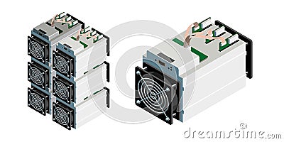 ASIC bitcoin miner and ASIC mining farm. Bitcoin mining. Antminer isometric view.Cryptocurrency mining equipment and Vector Illustration
