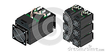 ASIC bitcoin miner and ASIC mining farm. Bitcoin mining equipment and hardware. Antminer isometric view. Vector Illustration