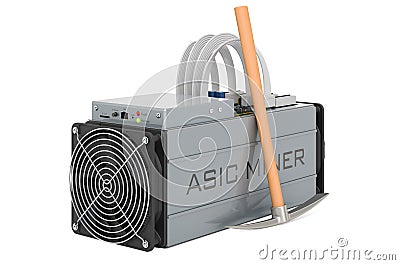 ASIC miner with pickaxe, mining concept. 3D rendering Stock Photo