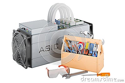ASIC miner with toolbox. Service and repair of ASIC for bitcoin miner, 3D rendering Stock Photo