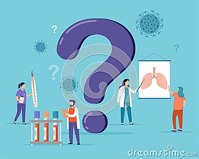 Ask the doctor. A group of female and male doctors , medical professional standing in front a huge question mark. Vector Vector Illustration