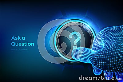 Ask a Question. Closeup finger about to press a button with a Question mark. Ask symbol. Help support, faq problem symbol, think Cartoon Illustration