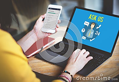 Ask us Buy Online Consult Contact us Customer Support Concept Stock Photo