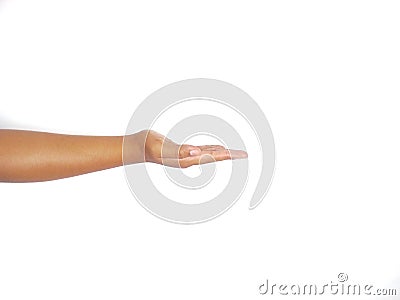asking hand gesture with open palm an isolated white background. to ask something. pointing to copy space Stock Photo