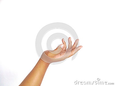 asking hand gesture with open palm an isolated white background. to ask something. pointing to copy space Stock Photo