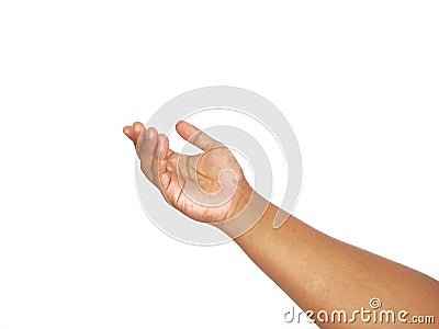 asking hand gesture with open palm an isolated white background. to ask something. pointing to copy space Stock Photo