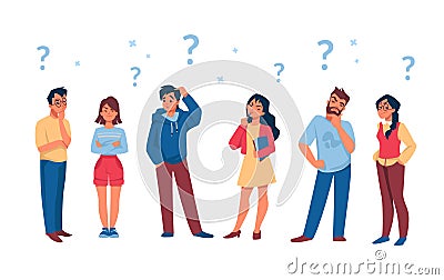 Asking people. Cartoon curious persons with question marks solve problem and thinking. Vector diverse thoughtful male Vector Illustration