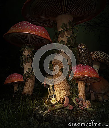 Asleep in the mushroom forest, 3d CG Stock Photo