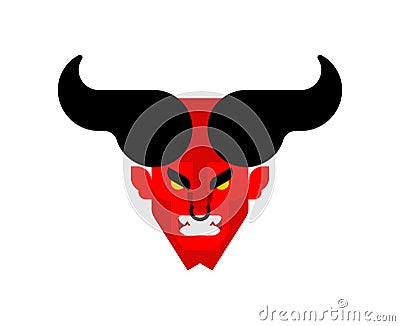 Asmodeus Devil with horns head. Beelzebub lord of darkness. Lucifer boss hell. Red demon face. Horned Satan muzzle. Vector Illustration