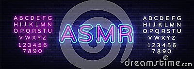 ASMR Neon Text Vector. Autonomous sensory meridian response neon sign, design template, modern trend design, night neon Vector Illustration
