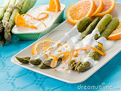 Asparagus with yogurt cream sauce Stock Photo