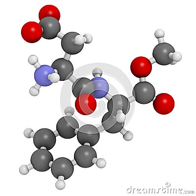 Aspartame artificial sweetener molecule. Used as sugar substitute. Atoms are represented as spheres with conventional color coding Stock Photo