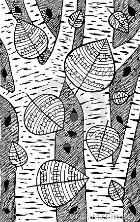 Aspen - tree illustration. Black and white ink leaves drawing. Coloring book for adults. Line art. Vector artwork Vector Illustration