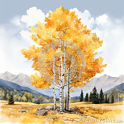 Watercolor Aspen Colorado Mountains Illustration Painting Cartoon Illustration