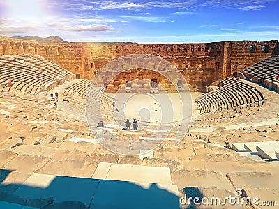 Aspendos Amphitheater close-up inside in the summertime with sunshine, Turkey, Serik district Stock Photo