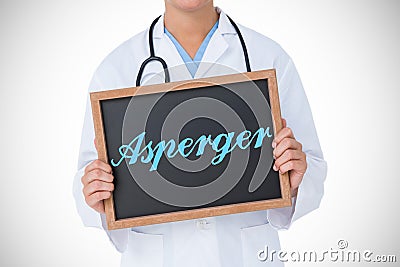 Asperger against doctor showing little blackboard Stock Photo