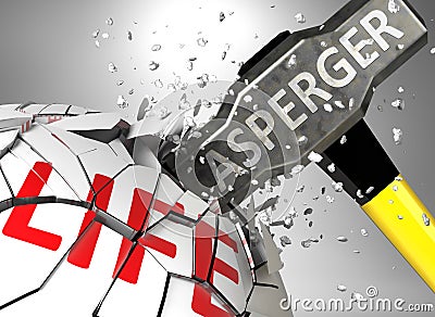 Asperger and destruction of health and life - symbolized by word Asperger and a hammer to show negative aspect of Asperger, 3d Cartoon Illustration