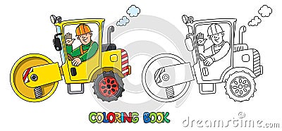 Asphalt compactor with a driver. Coloring book Cartoon Illustration