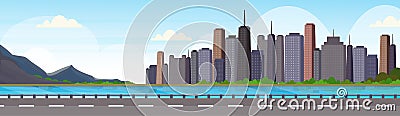 Asphalt highway road over beautiful river mountain city panorama high skyscrapers cityscape background skyline flat Vector Illustration