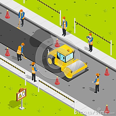 Asphalt Laying Isometric Composition Vector Illustration