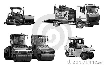 Asphalt laying technique and tow truck with road-roller on platform isolated on white background. Vector Illustration