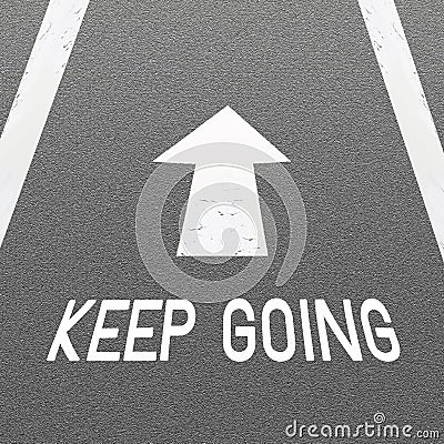 Asphalt Road Background with Signal Arrow and Word Keep Going Stock Photo