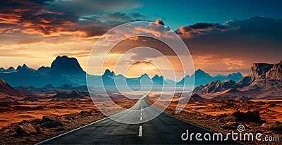 Asphalt road going into the distance, mountain landscape - AI generated image Stock Photo