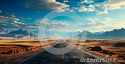 Asphalt road going into the distance, mountain landscape - AI generated image Stock Photo