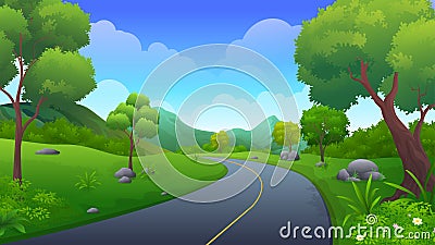 Asphalt road going through the hill with beautiful nature landscape Cartoon Illustration