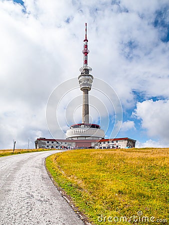 Asphalt road leading to TV transmitter and lookout tower on the summit of Praded Mountain, Hruby Jesenik, Czech Republic Editorial Stock Photo