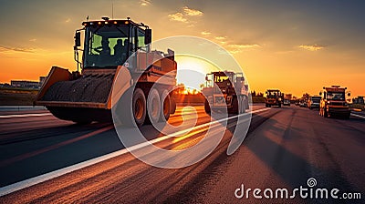 Asphalt, Road rollers working on the new road construction site. Generative Ai Stock Photo