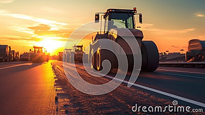 Asphalt, Road rollers working on the new road construction site. Generative Ai Stock Photo