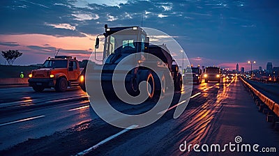 Asphalt, Road rollers working on the new road construction site. Generative Ai Stock Photo