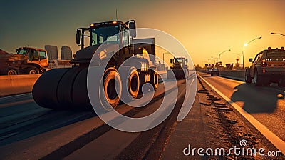 Asphalt, Road rollers working on the new road construction site. Generative Ai Stock Photo